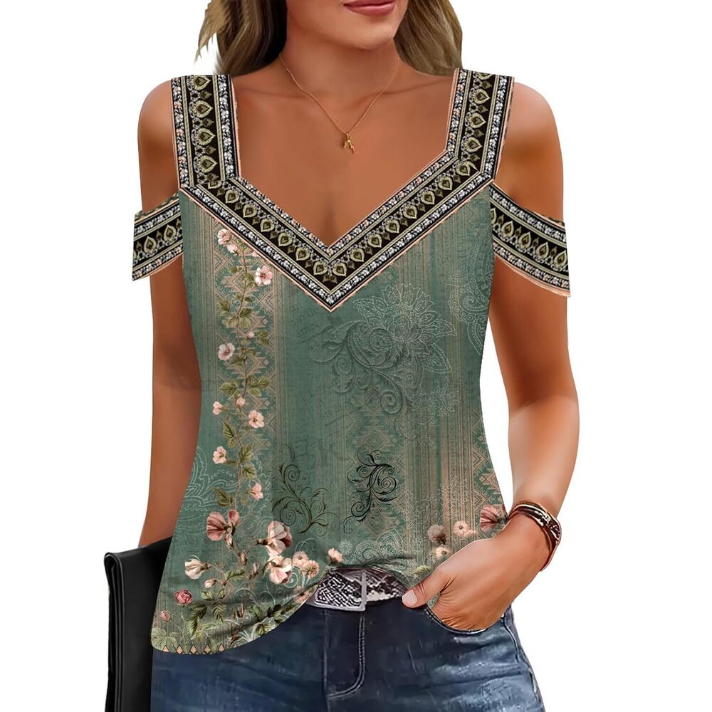 Womens Summer Short Sleeve Tops Cold Shoulder V Neck T Shirts Casual